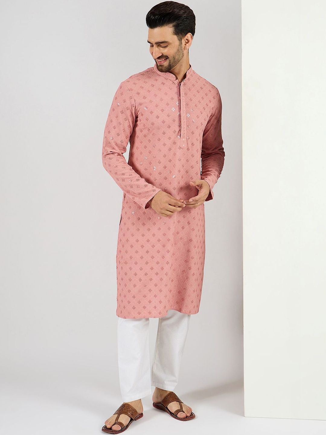 Men Pink Viscose Rayon Embroidered Straight Kurta With Pant Set-MKSET1060