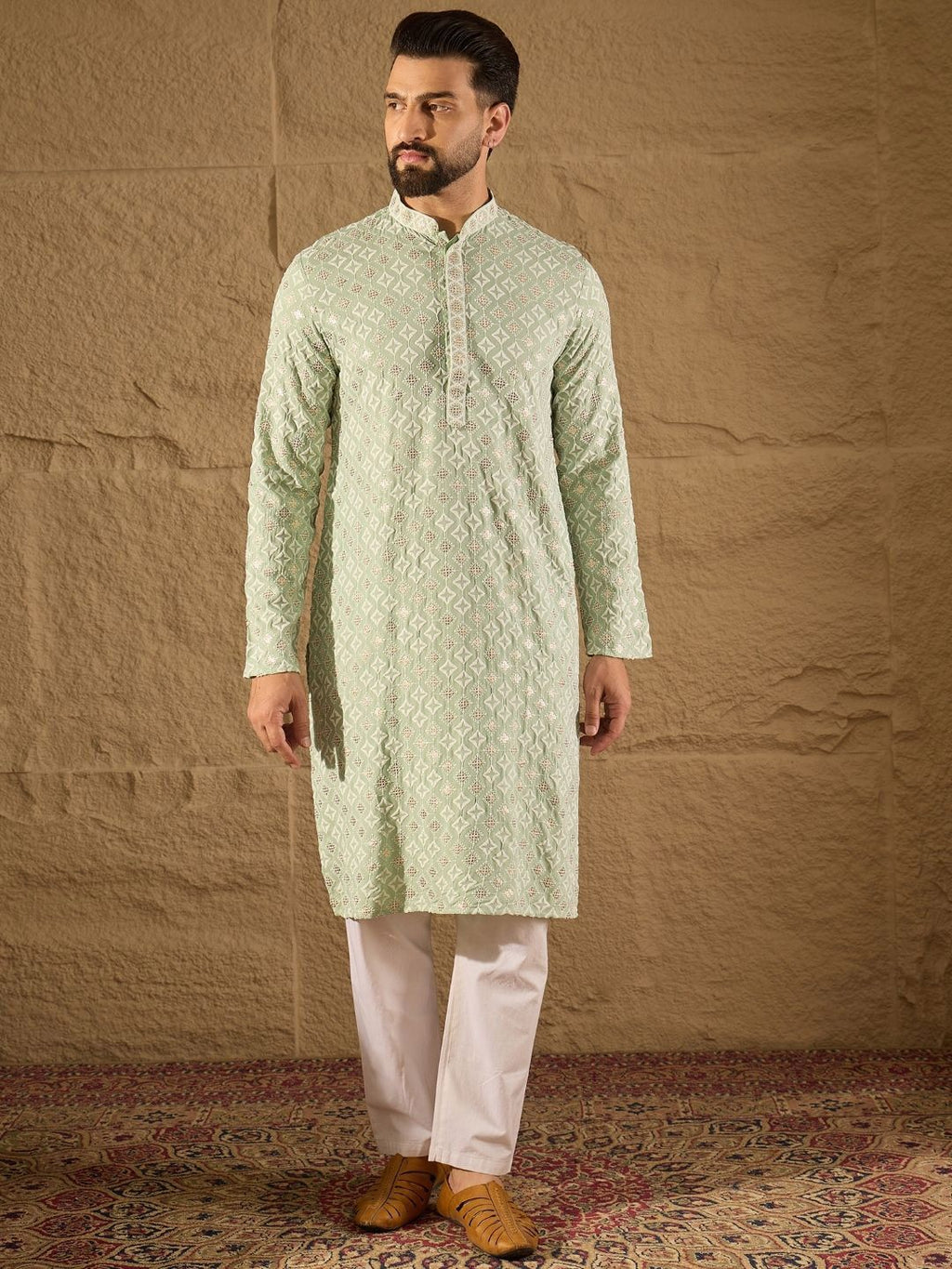Men Green Viscose Rayon Solid Embroidered Straight Kurta With Pant Set-MKSET1238
