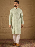 Men Green Viscose Rayon Solid Embroidered Straight Kurta With Pant Set-MKSET1238