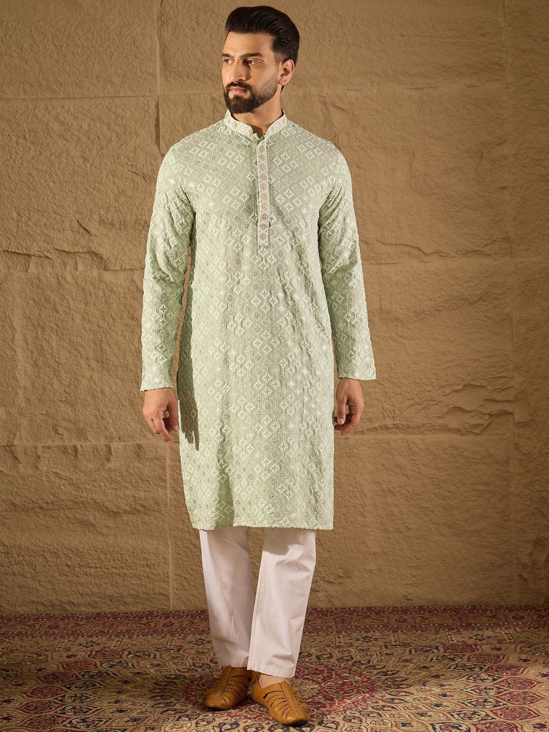 Men Green Viscose Rayon Solid Embroidered Straight Kurta With Pant Set-MKSET1238