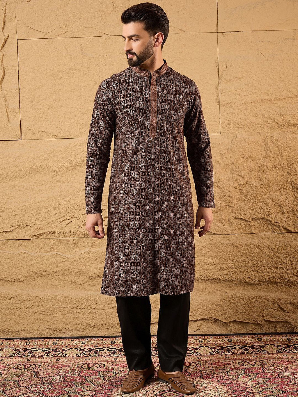 Mens Brown Viscose Rayon Ethnic Motifs Embroidered Chikankari Straight Kurta With Pant Set-MKSET1164