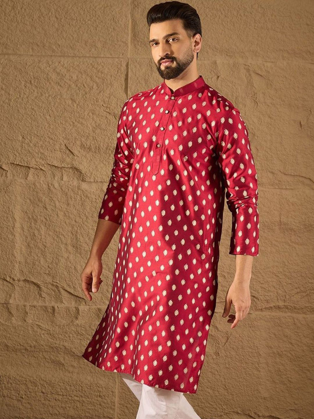 Men Maroon Silk Ikat Printed Straight Kurta With Pant Set-MKSET1281