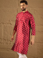 Men Maroon Silk Ikat Printed Straight Kurta With Pant Set-MKSET1281