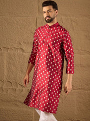Men Maroon Silk Ikat Printed Straight Kurta With Pant Set-MKSET1281