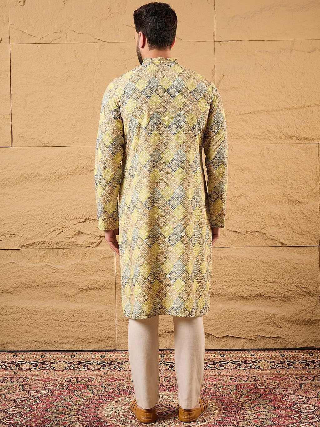 Men Yellow Viscose Rayon Bandhani Embroidered Straight Kurta With Pant Set-MKSET1192