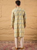 Men Yellow Viscose Rayon Bandhani Embroidered Straight Kurta With Pant Set-MKSET1192