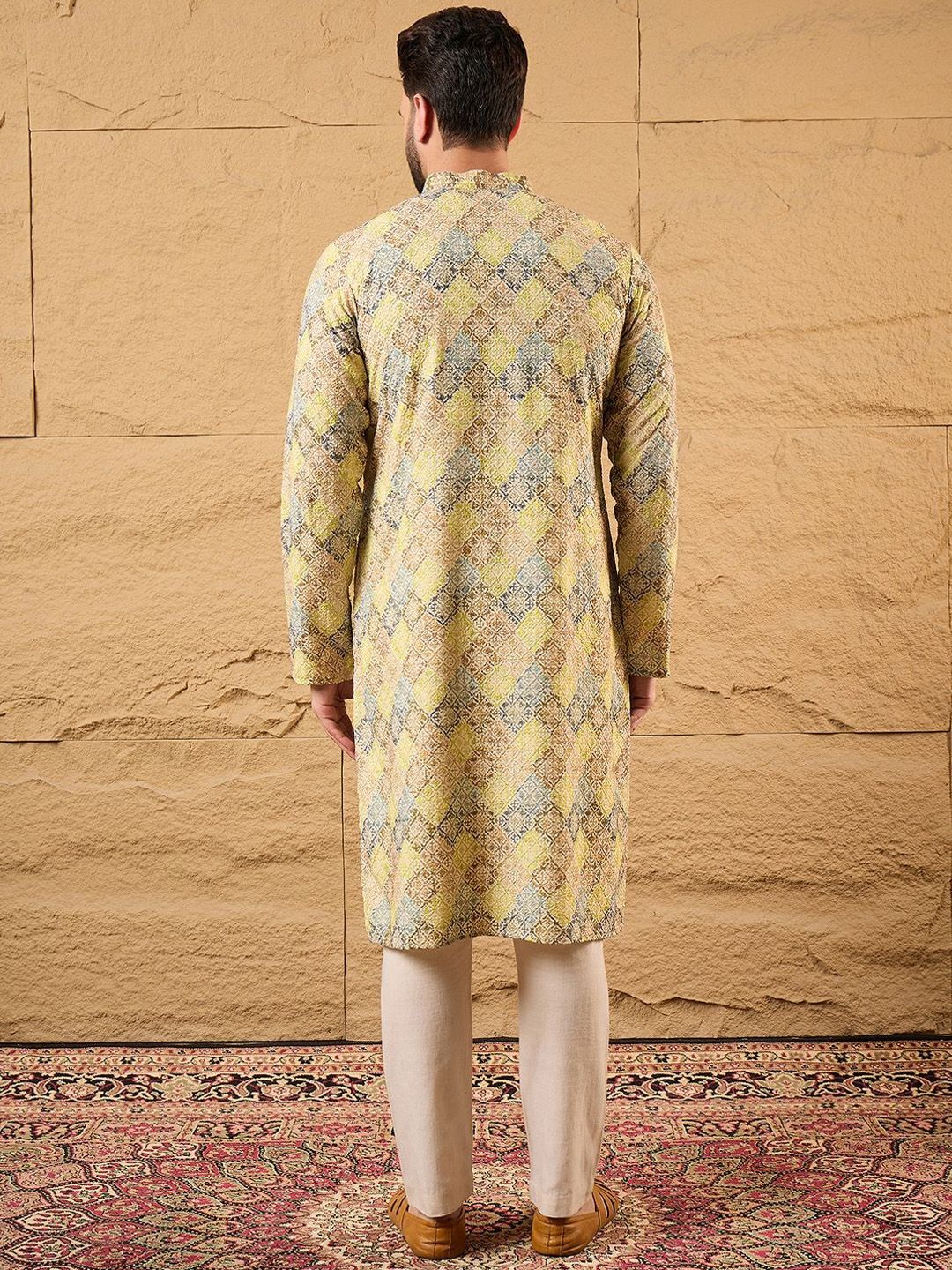 Men Yellow Viscose Rayon Bandhani Embroidered Straight Kurta With Pant Set-MKSET1192