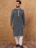 Men Blue Viscose Rayon Shibori Embroidered Straight Kurta With Pant Set-MKSET1414