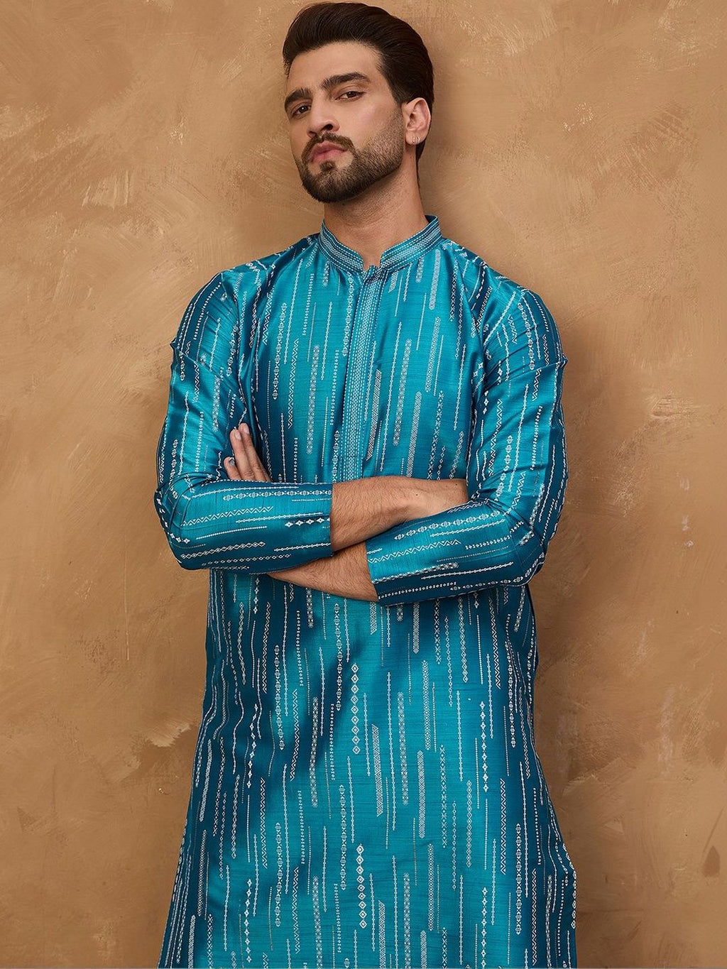 Men Blue Silk Blend Geometric Printed Straight Kurta With Pant Set-MKSET1519