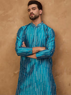 Men Blue Silk Blend Geometric Printed Straight Kurta With Pant Set-MKSET1519