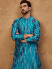 Men Blue Silk Blend Geometric Printed Straight Kurta With Pant Set-MKSET1519