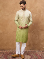 Men Green Silk Blend Solid Embroidered Straight Kurta With Pant Set-MKSET1488