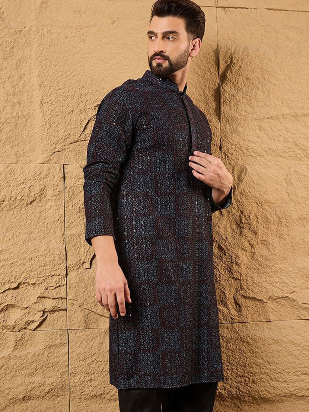 Mens Black Viscose Rayon Geometric Embroidered Chikankari Straight Kurta With Pant Set-MKSET1166