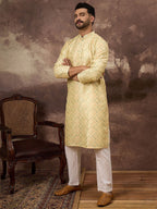 Men Yellow Silk Blend Solid Embroidered Straight Kurta With Pant Set-MKSET1383