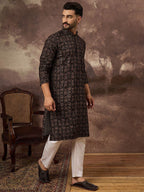 Men Black Viscose Rayon Ethnic Motifs Embroidered Straight Kurta With Pant Set-MKSET1405