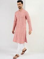 Men Pink Viscose Rayon Embroidered Straight Kurta With Pant Set-MKSET1060