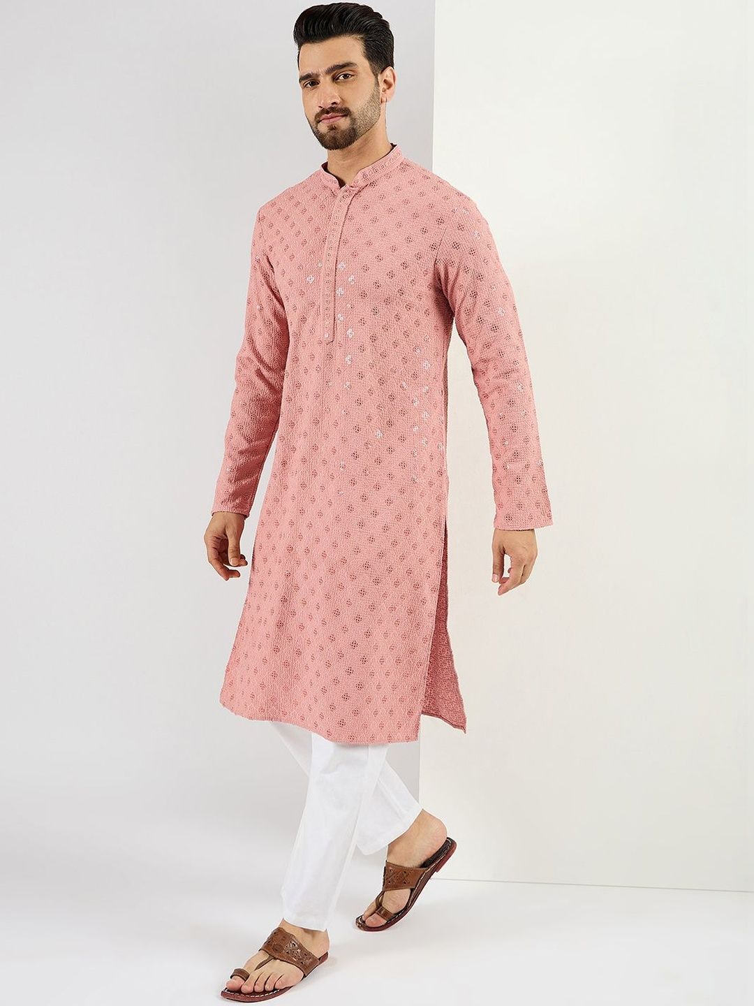 Men Pink Viscose Rayon Embroidered Straight Kurta With Pant Set-MKSET1060