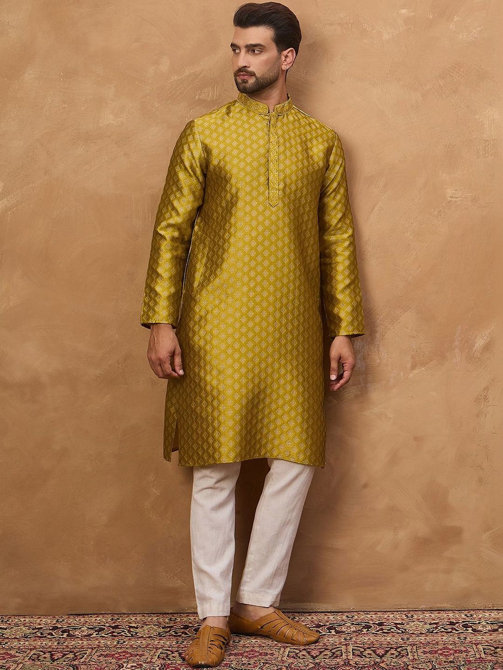Men Yellow Silk Blend Solid Woven Design Straight Kurta With Pant Set-MKSET1459