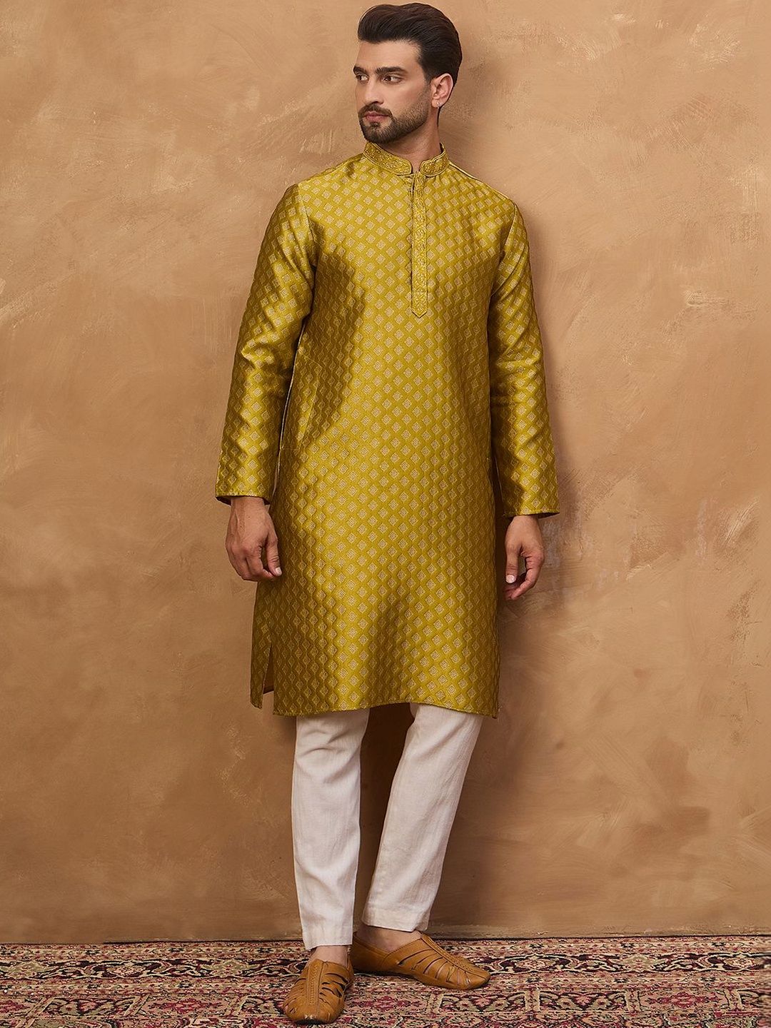 Men Yellow Silk Blend Solid Woven Design Straight Kurta With Pant Set-MKSET1459