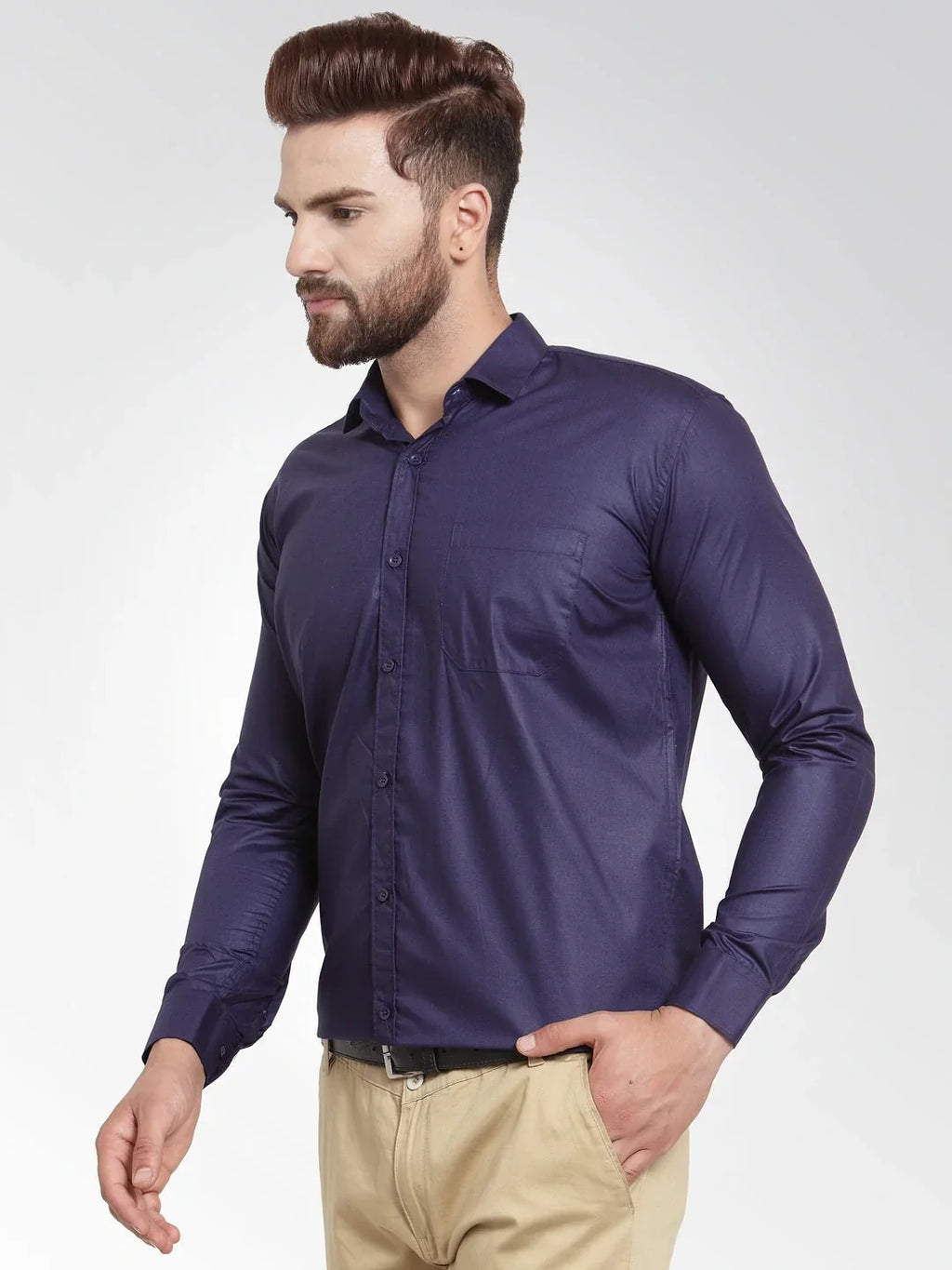 Indian Needle Men's Cotton Solid Navy Blue Formal Shirt's