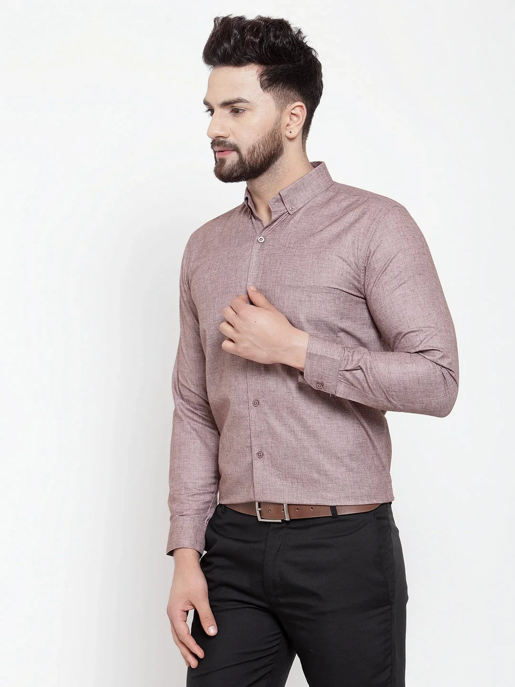 Indian Needle Brown Men's Cotton Solid Button Down Formal Shirts