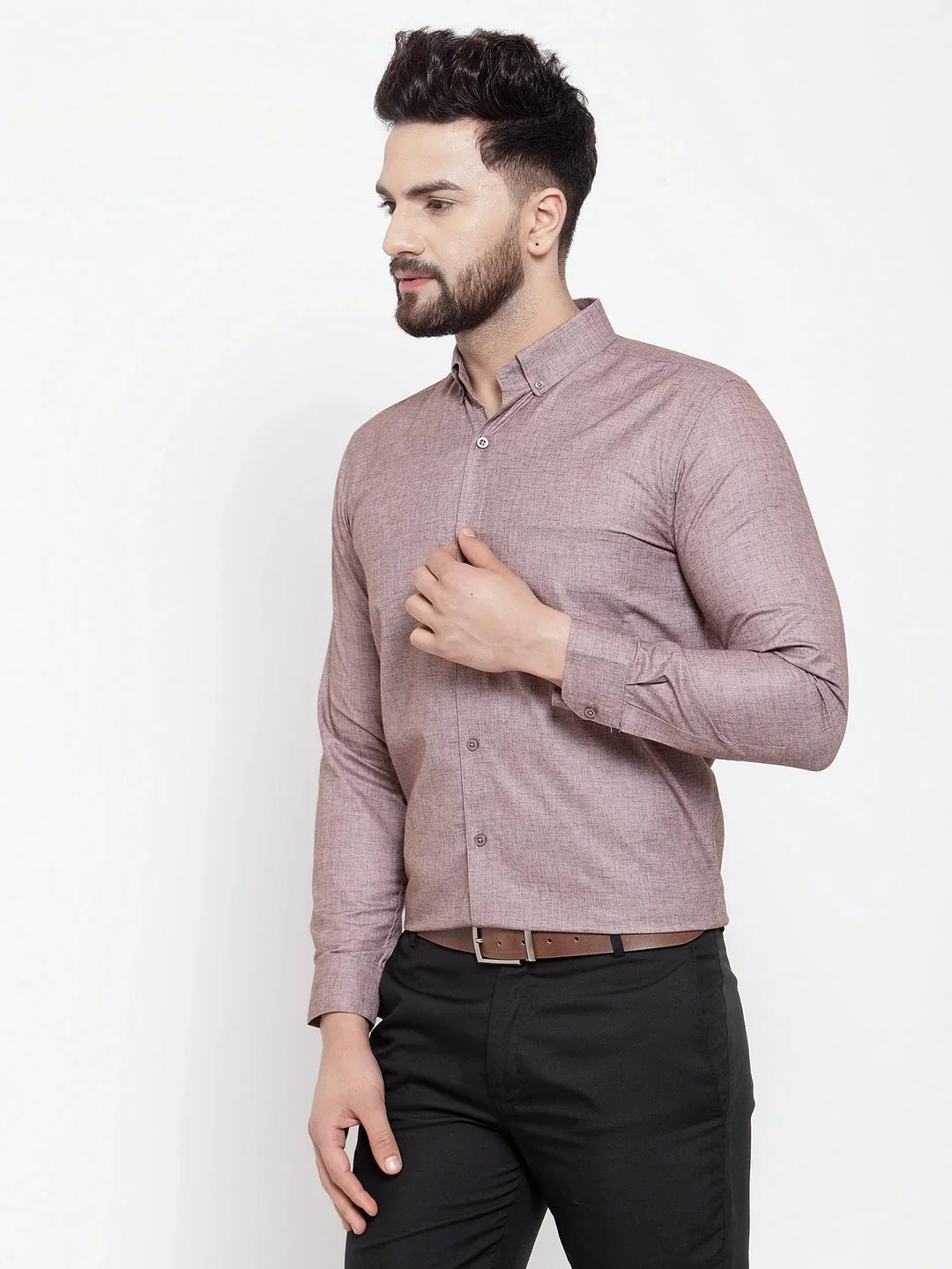 Indian Needle Brown Men's Cotton Solid Button Down Formal Shirts