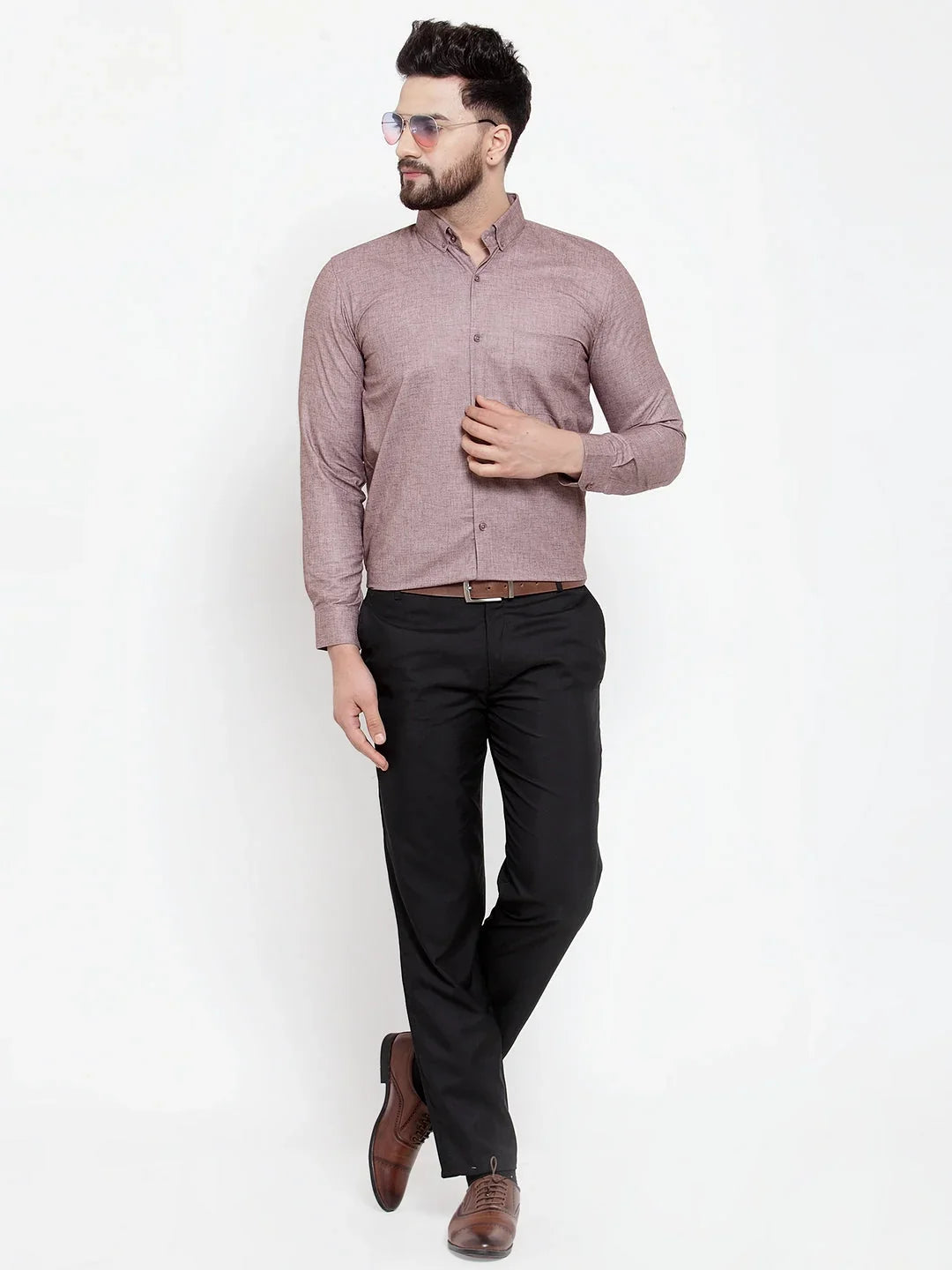 Indian Needle Brown Men's Cotton Solid Button Down Formal Shirts