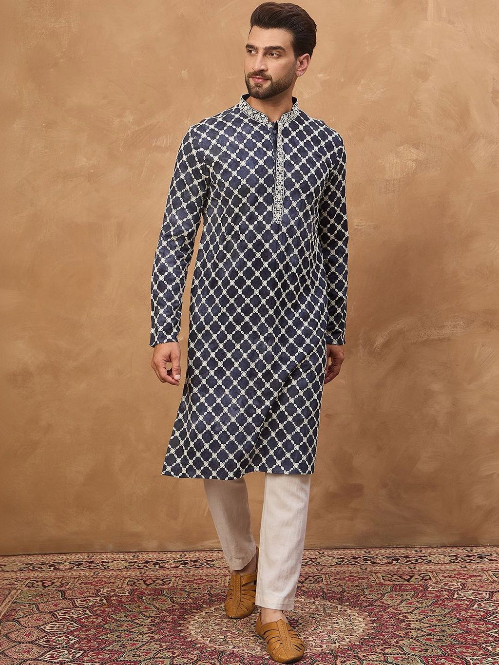 Men Blue Viscose Rayon Shibori Embroidered Straight Kurta With Pant Set-MKSET1534