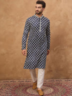 Men Blue Viscose Rayon Shibori Embroidered Straight Kurta With Pant Set-MKSET1534