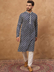 Men Blue Viscose Rayon Shibori Embroidered Straight Kurta With Pant Set-MKSET1534