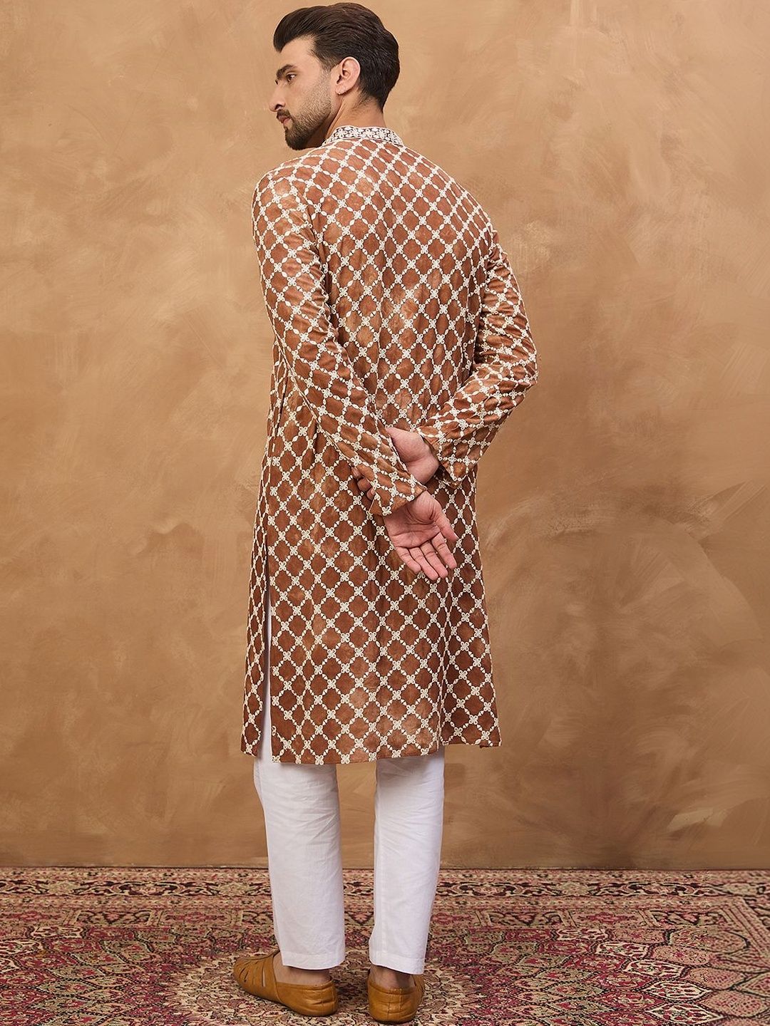 Men Brown Viscose Rayon Solid Embroidered Straight Kurta With Pant Set-MKSET1535