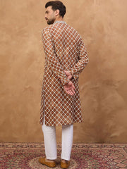 Men Brown Viscose Rayon Solid Embroidered Straight Kurta With Pant Set-MKSET1535