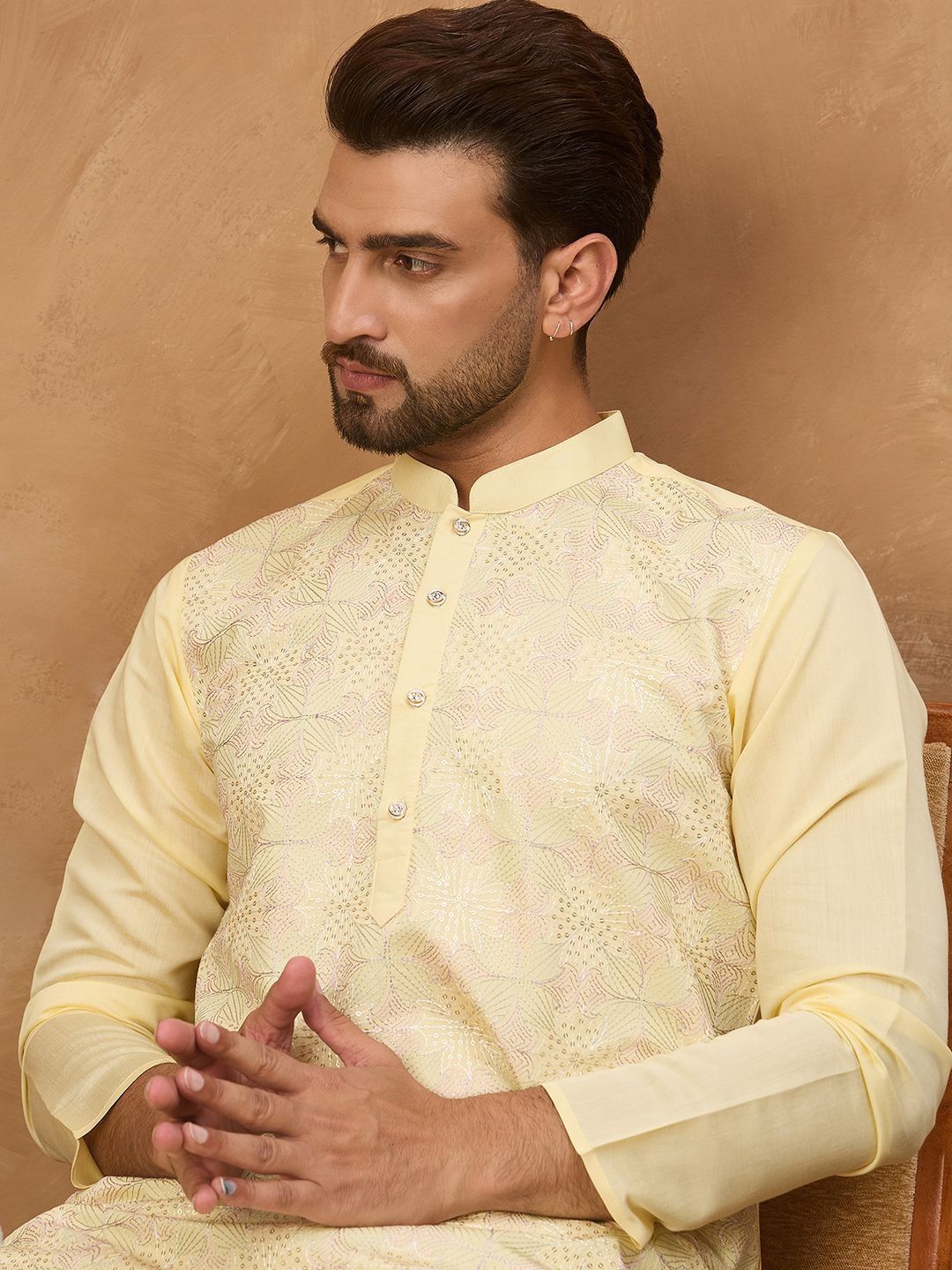 Men Yellow Silk Blend Solid Embroidered Straight Kurta With Pant Set-MKSET1467