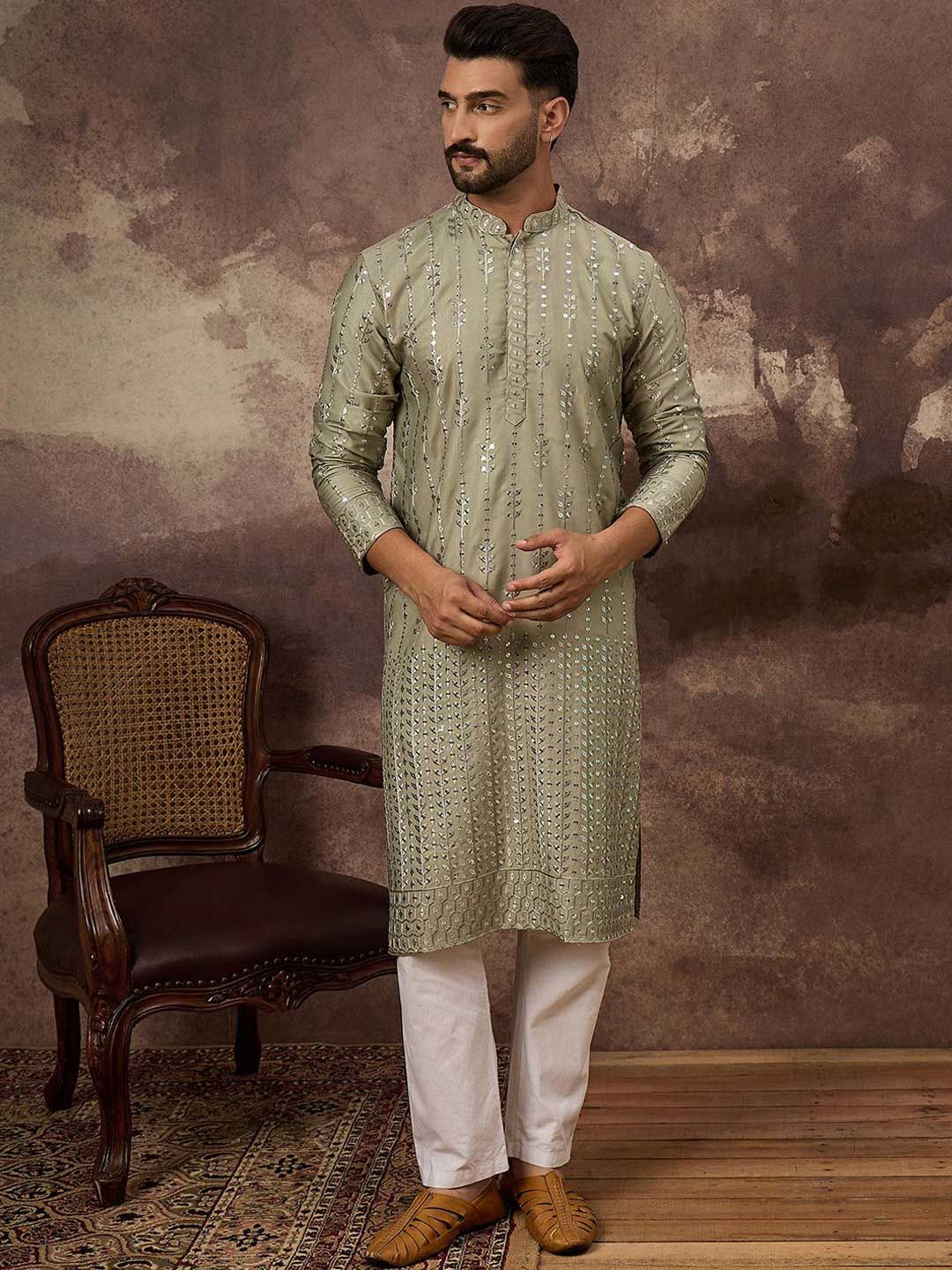 Men Green Silk Blend Solid Embroidered Straight Kurta With Pant Set-MKSET1356