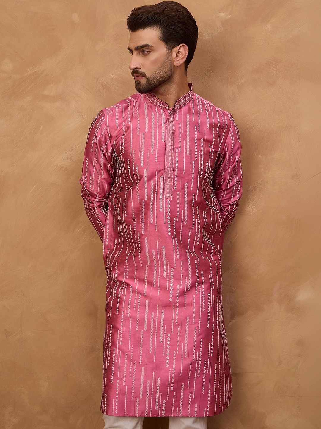 Men Pink Silk Blend Geometric Printed Straight Kurta With Pant Set-MKSET1533