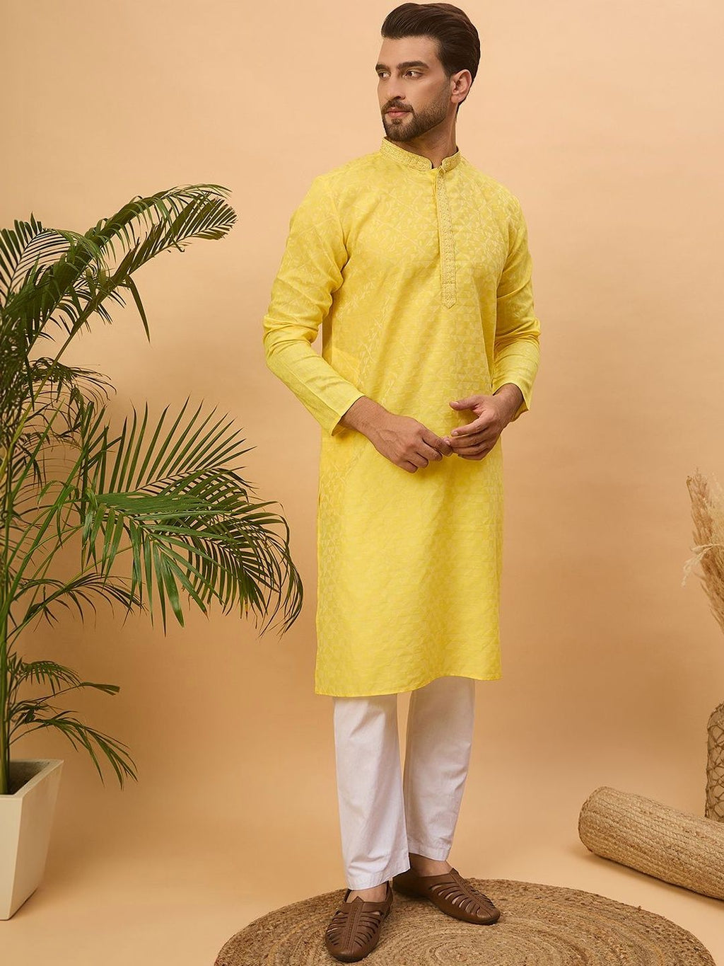 Men Yellow Silk Blend Solid Embroidered Straight Kurta With Pant Set-MKSET1455