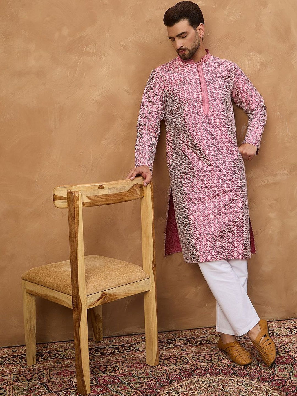 Men Pink Silk Blend Ethnic Motifs Printed Straight Kurta With Pant Set-MKSET1525