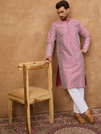 Men Pink Silk Blend Ethnic Motifs Printed Straight Kurta With Pant Set-MKSET1525