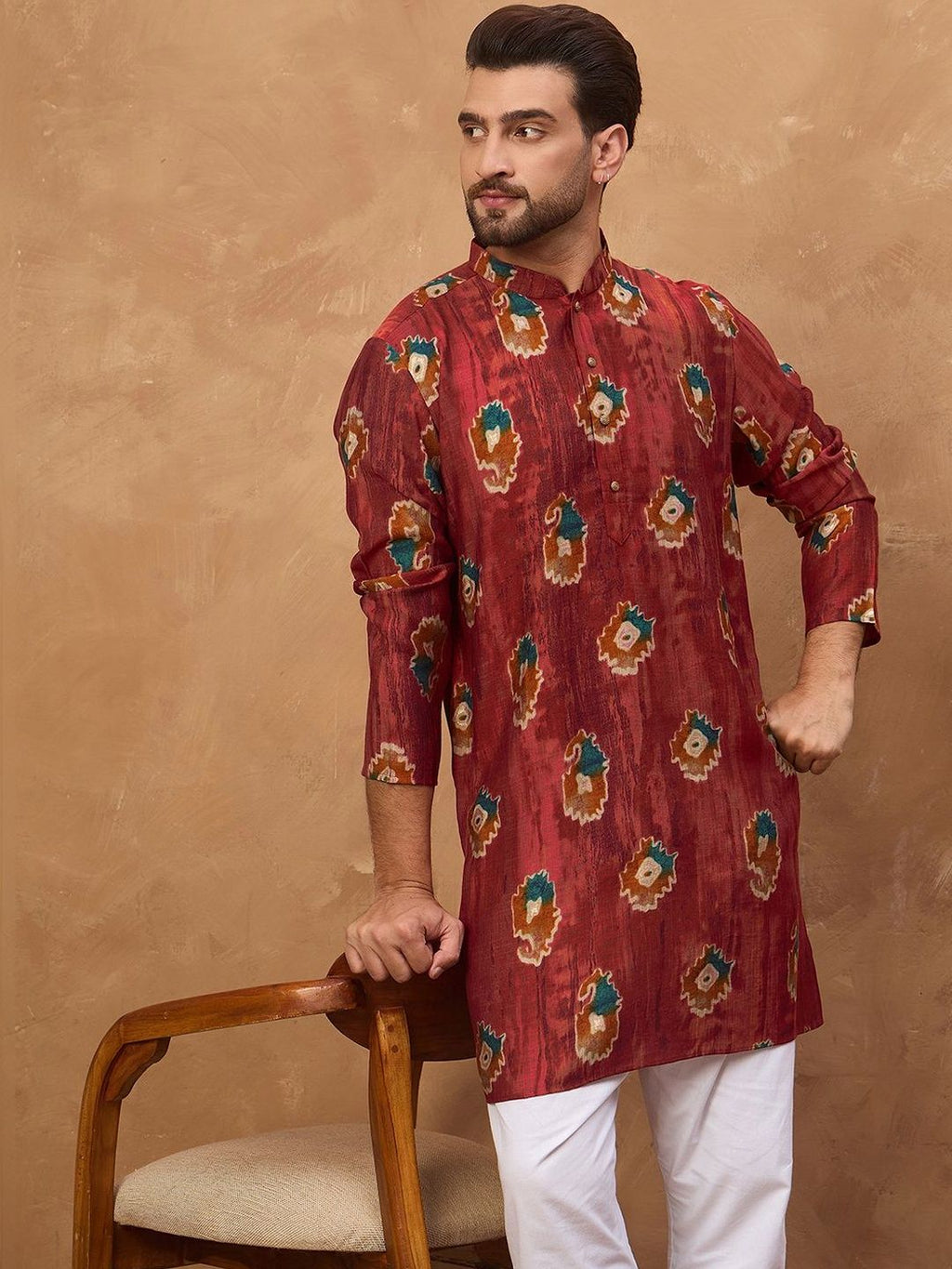 Men Red Viscose Rayon Ethnic Motifs Printed Straight Kurta With Pant Set-MKSET1544