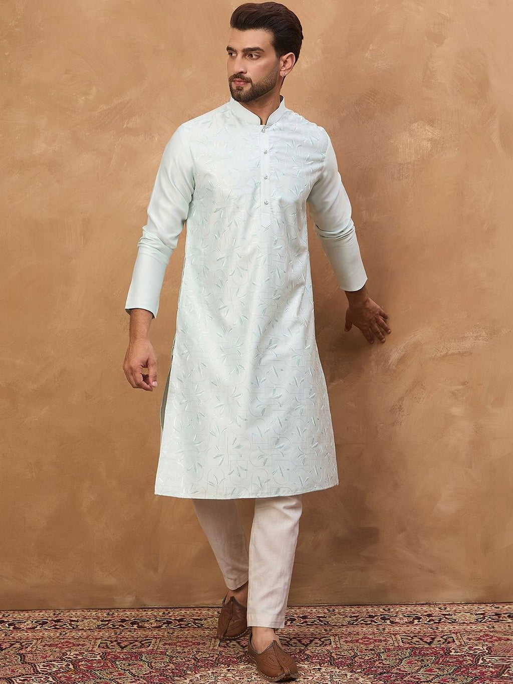Men Blue Silk Blend Solid Embroidered Straight Kurta With Pant Set-MKSET1446