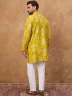 Men Yellow Viscose Rayon Ikat Printed Straight Kurta With Pant Set-MKSET1543