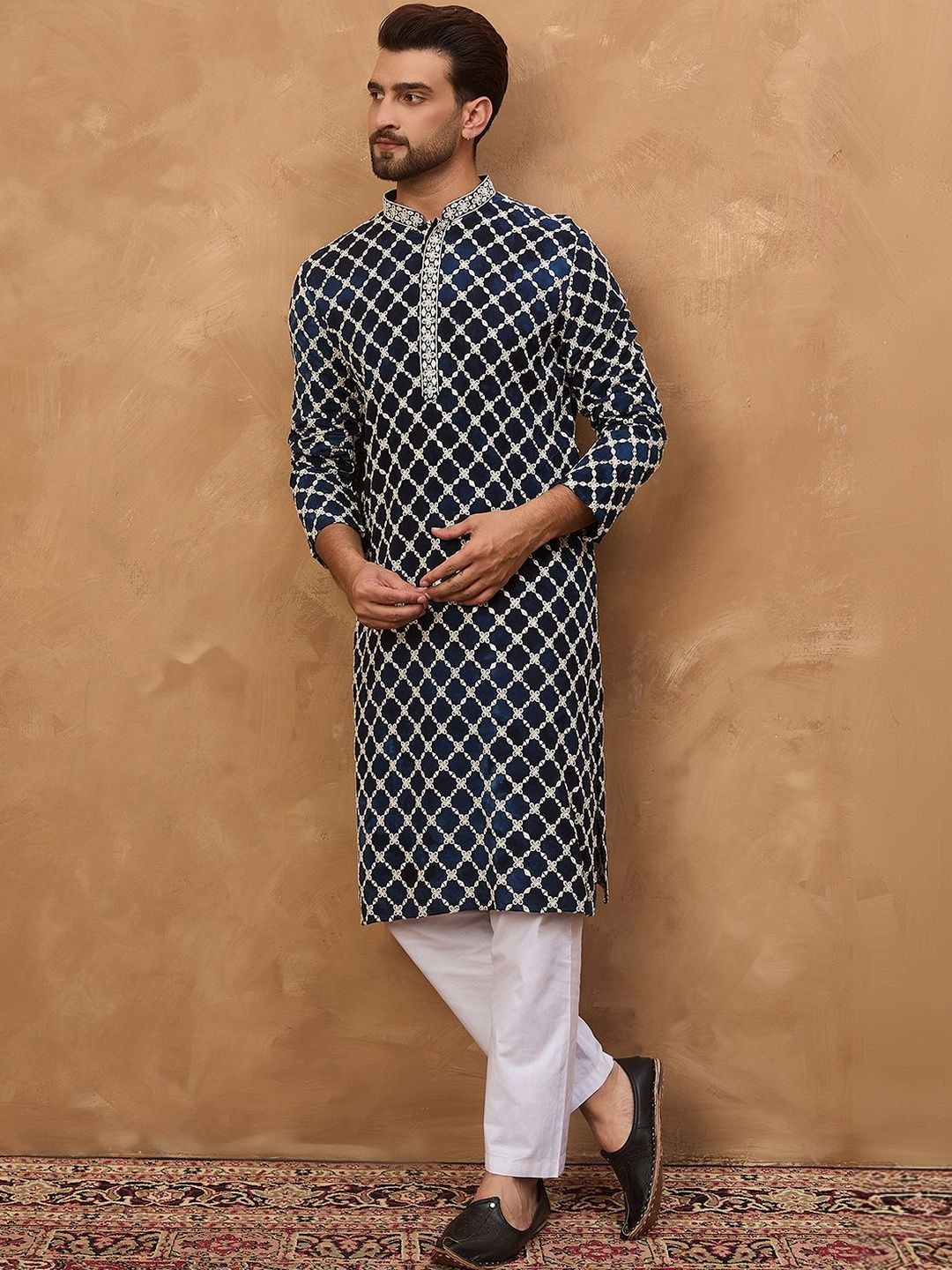 Men Blue Viscose Rayon Shibori Embroidered Straight Kurta With Pant Set-MKSET1414