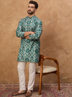 Men Green Cotton Blend Ethnic Motifs Printed Straight Kurta With Pant Set-MKSET1545