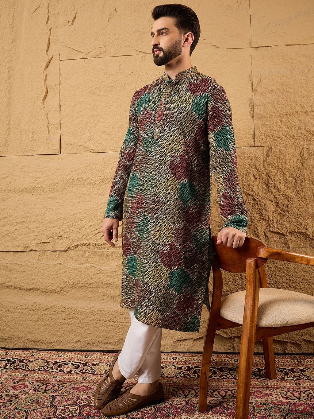 Mens Multi Viscose Rayon Geometric Embroidered Chikankari Straight Kurta With Pant Set-MKSET1180