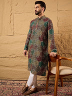 Mens Multi Viscose Rayon Geometric Embroidered Chikankari Straight Kurta With Pant Set-MKSET1180