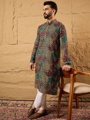Mens Multi Viscose Rayon Geometric Embroidered Chikankari Straight Kurta With Pant Set-MKSET1180