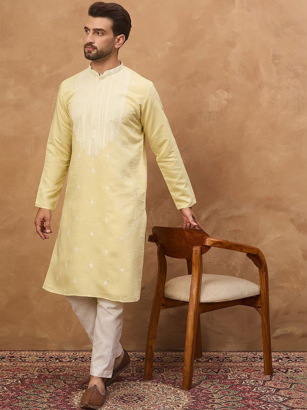 Men Yellow Silk Blend Solid Embroidered Straight Kurta With Pant Set-MKSET1509