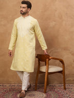 Men Yellow Silk Blend Solid Embroidered Straight Kurta With Pant Set-MKSET1509