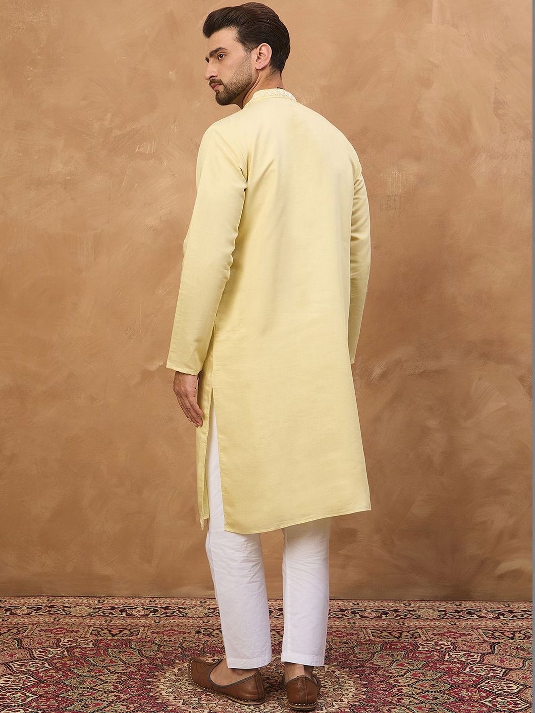 Men Yellow Silk Blend Solid Embroidered Straight Kurta With Pant Set-MKSET1507