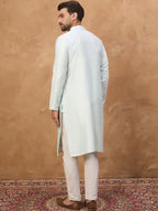 Men Blue Silk Blend Solid Embroidered Straight Kurta With Pant Set-MKSET1446